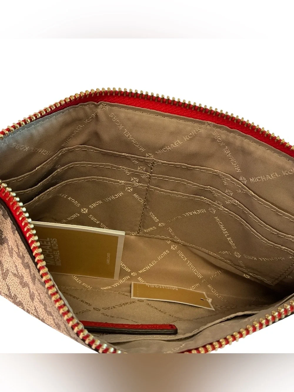 Michael Kors Large Zip Clutch Wristlet Jet Set MK Logo Natural/Acorn Beige/Red